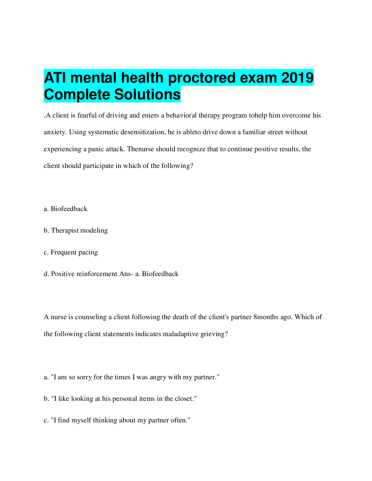 Preview image for ATI mental health proctored exam 2019 Complete Solutions